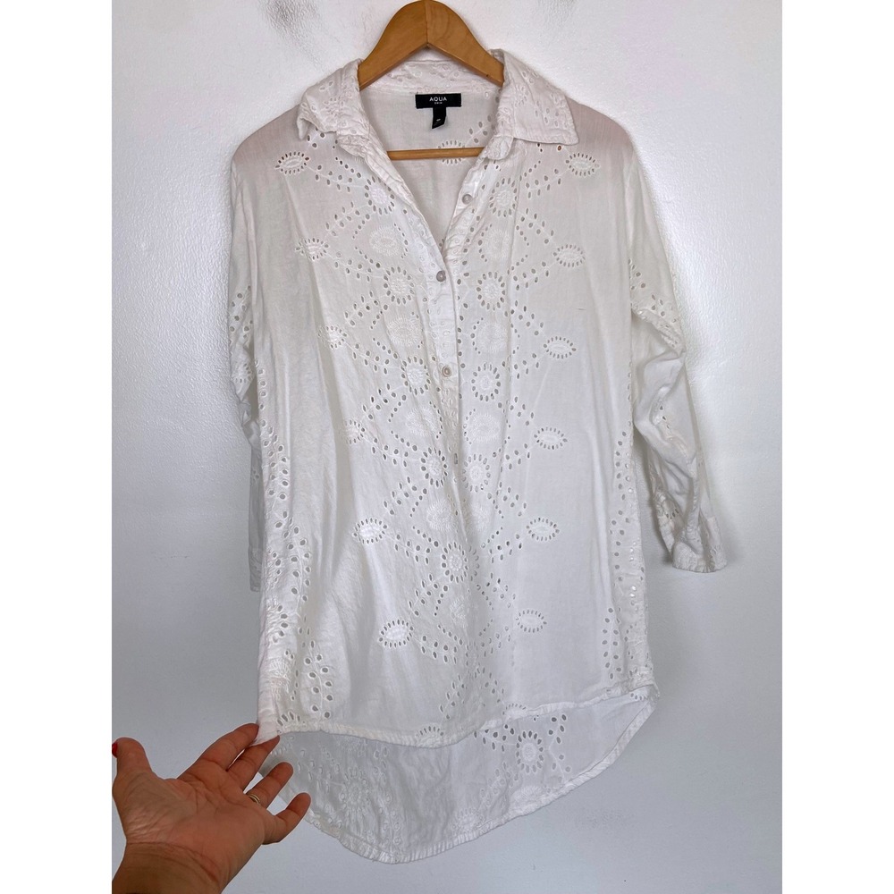 Aqua Eyelet Button Down Tunic Top Small White Long Sleeves Cotton Beach High Low